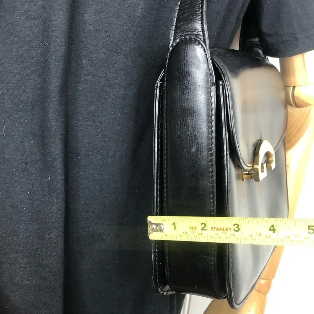 Vintage GUCCI Black Lambskin Leather Single Flap Gold Buckle Shoulder Bag